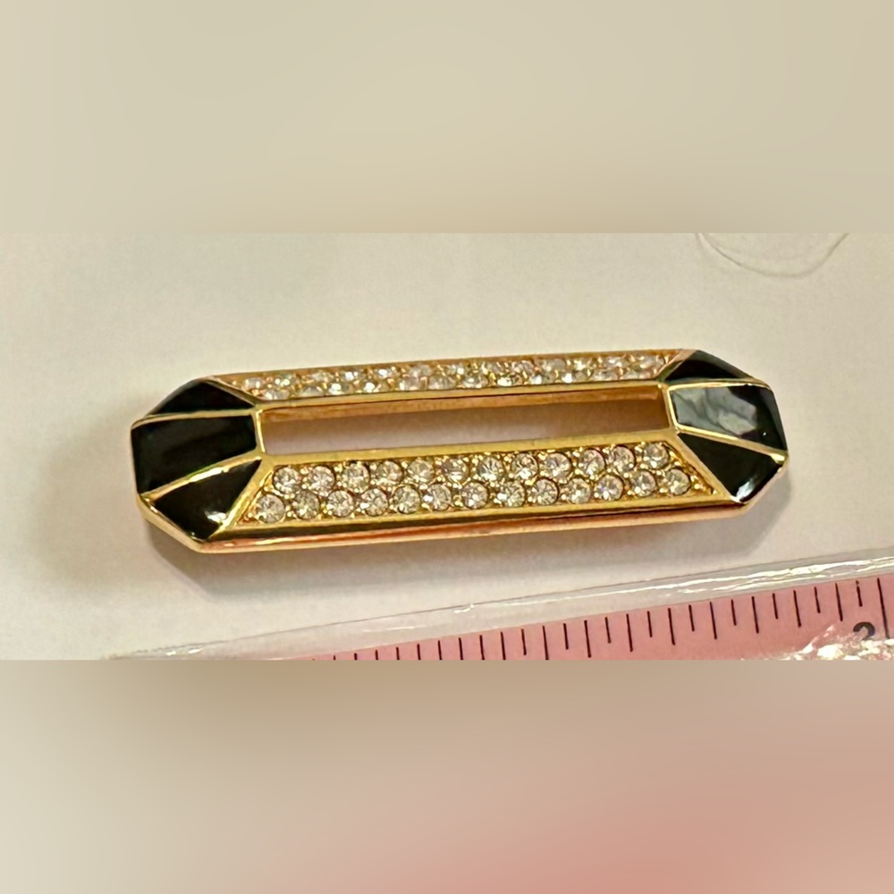 Signed Vintage SAL Swarovski Black Enamel Pin White Crystal Goldtone